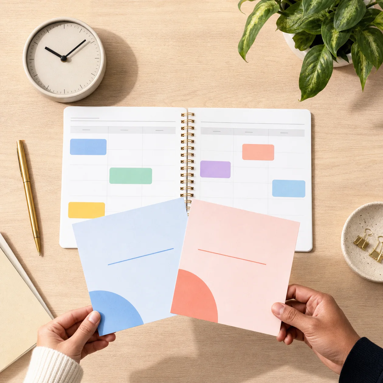 Illustration for Calendly: planner with appointment blocks, clock, and invite cards