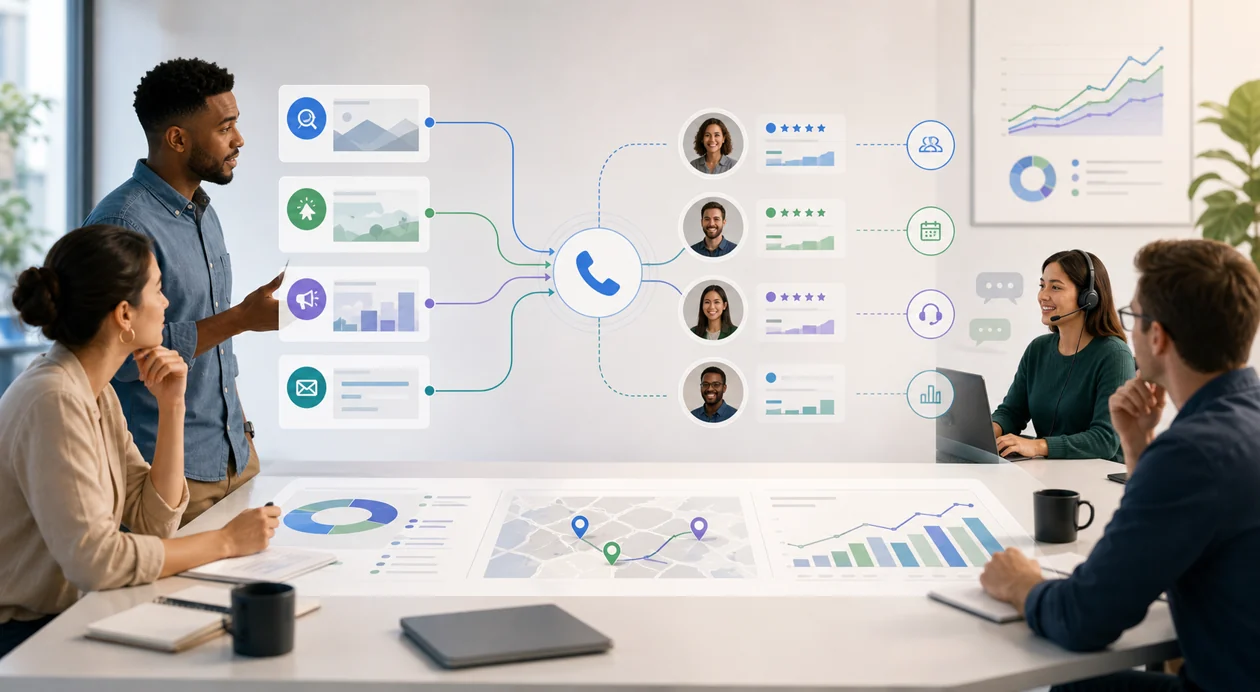 Illustration zu CallRail: Marketingteam verbindet Anrufe mit Kampagnen und Lead-Attribution