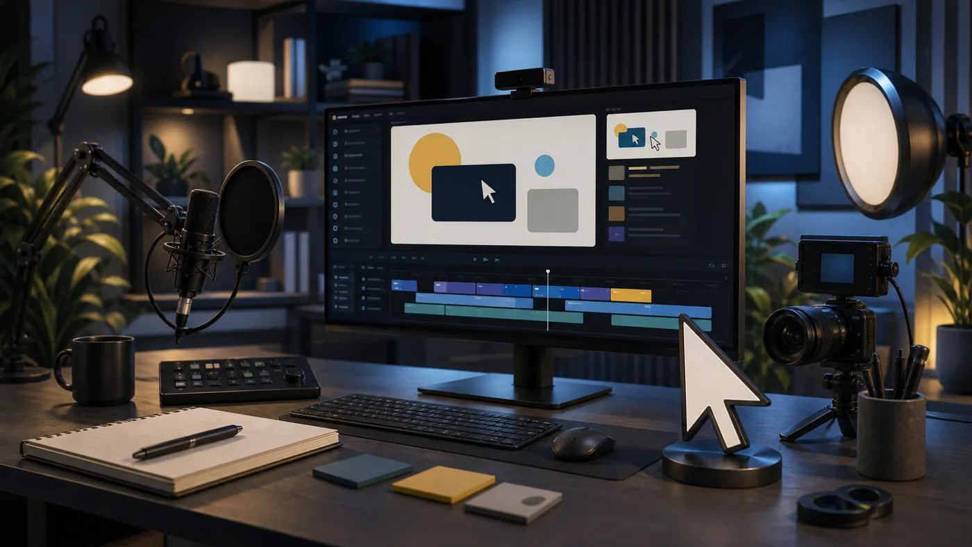 Illustration for Camtasia: screen recording and tutorial editing at an editing desk