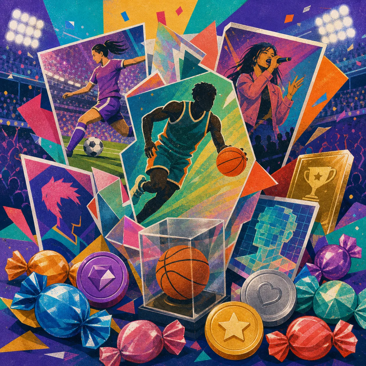 Illustration for Candy Network: colorful collectibles and fan cards as a pop-art collage