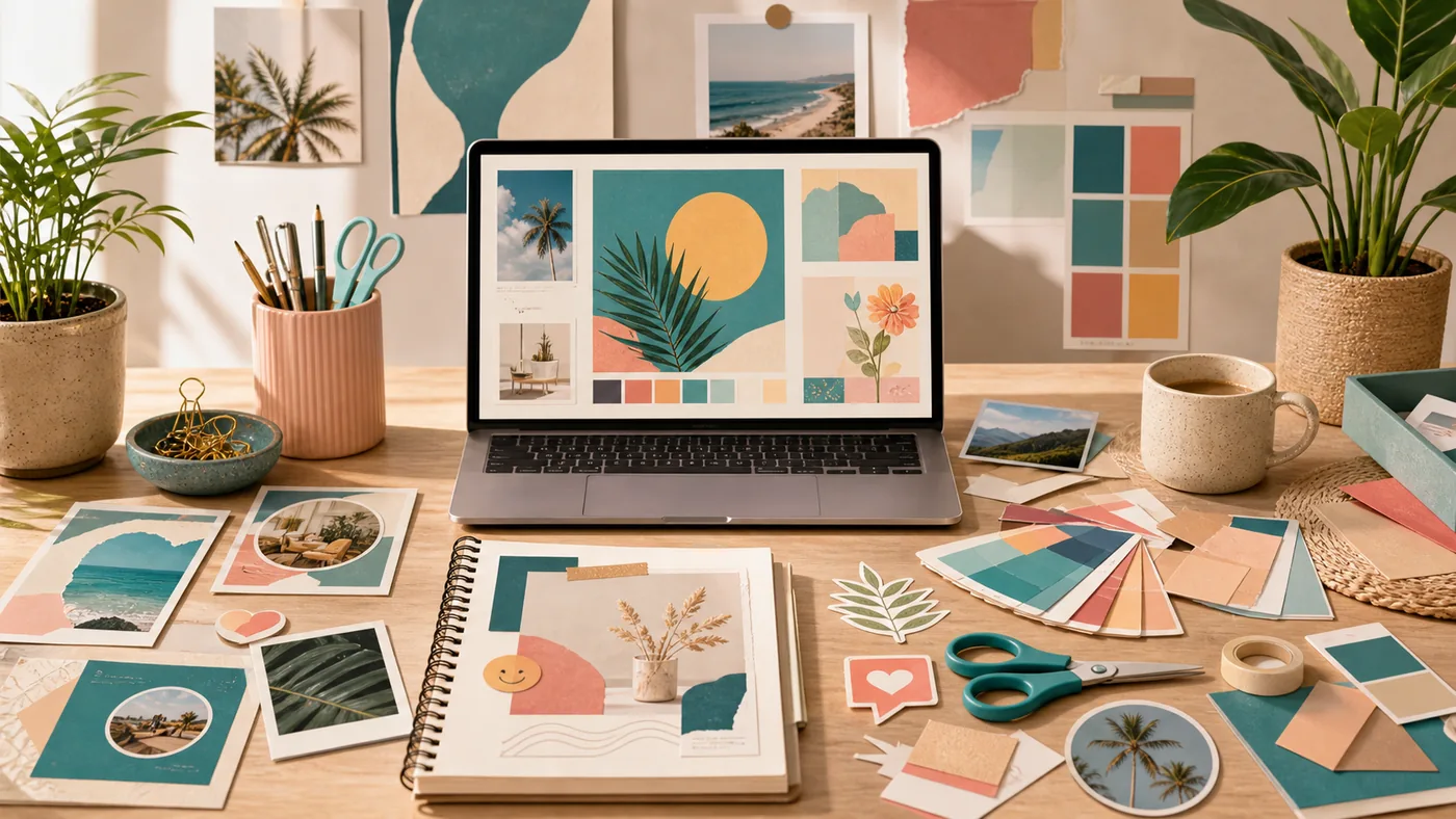 Illustration for Canva: templates, color cards and social media formats on a design table