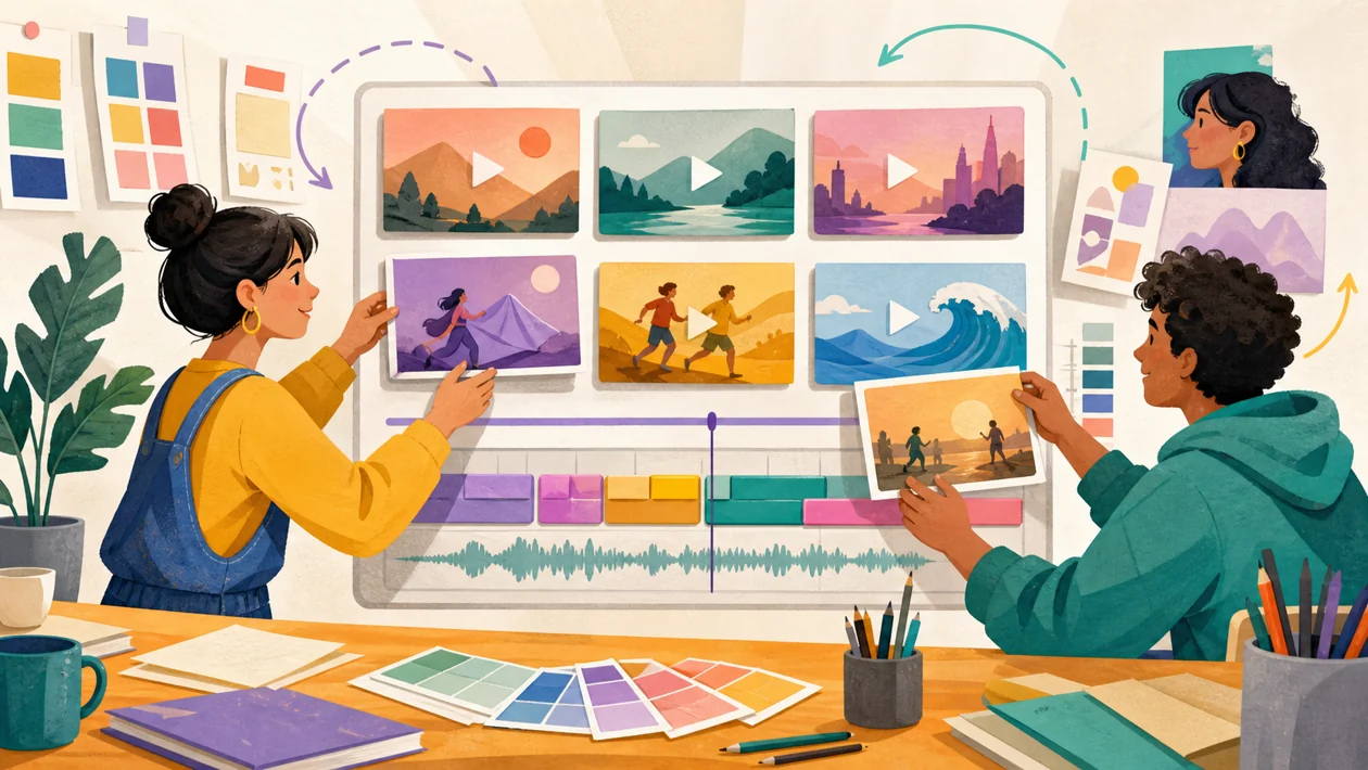 Illustration for Canva Video: creative team arranges clips, colors, and scenes into a short video