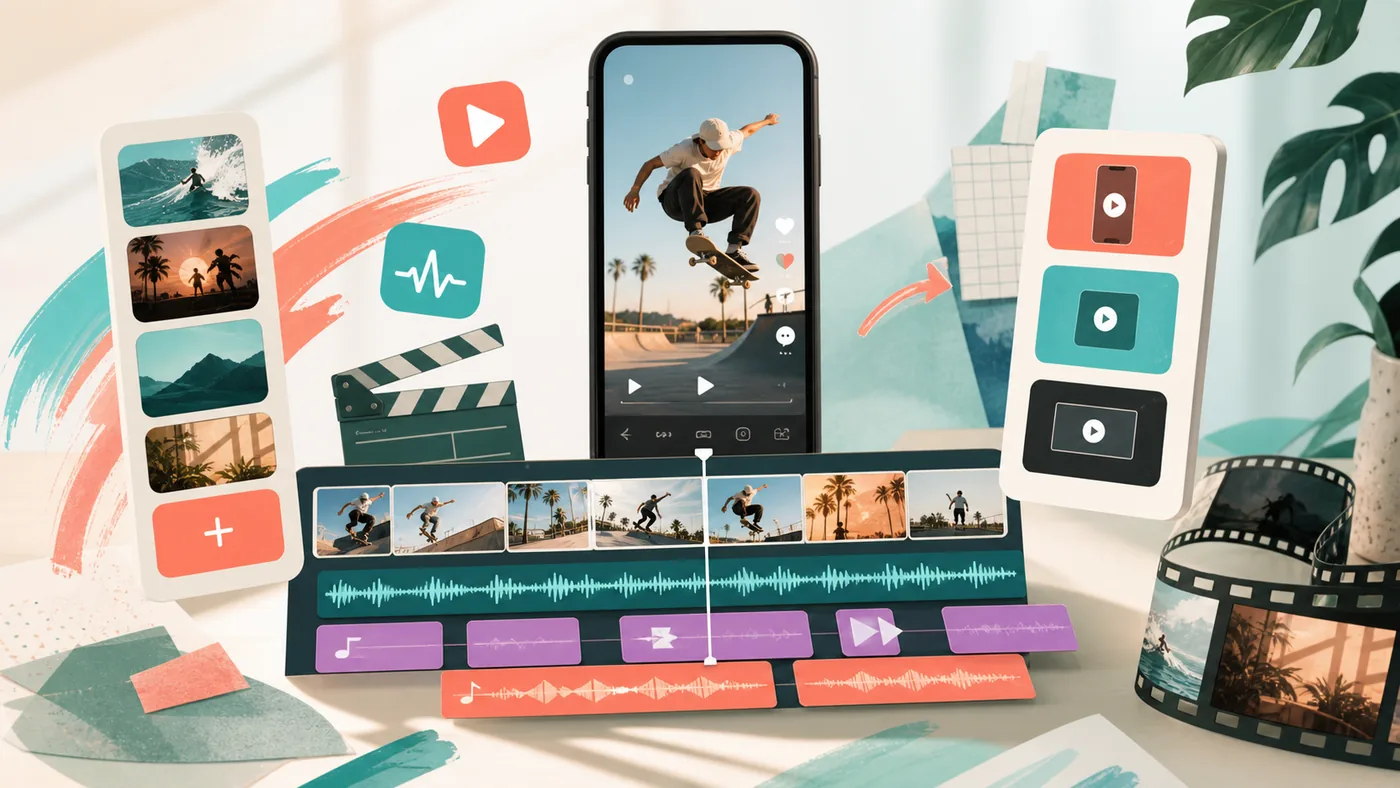 Illustration for CapCut: vertical videos, editing tracks and social clips on a creator desk