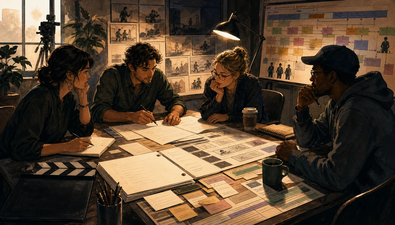 Illustration for Celtx: film team develops script, storyboard, and production planning at a worktable