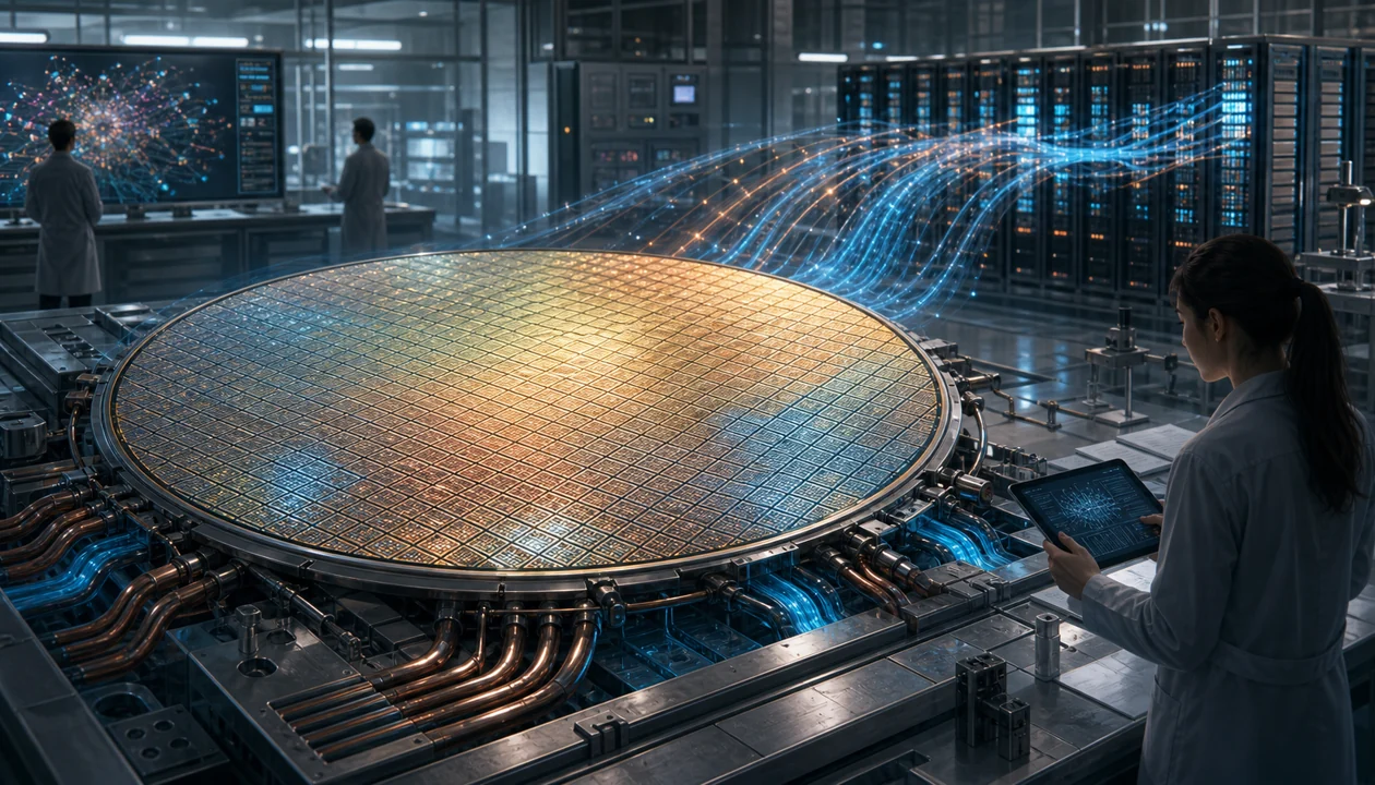 Illustration for Cerebras Wafer-Scale Engine: engineers inspect a large AI processor in a computing lab