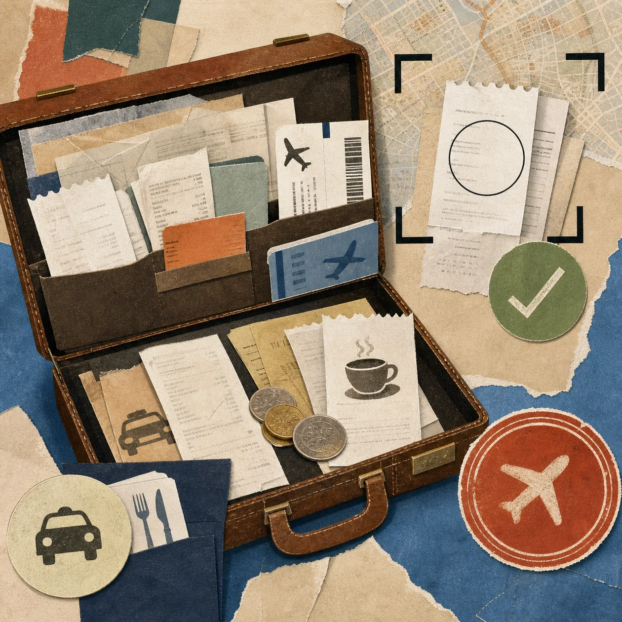 Illustration zu Certify: Reisekoffer mit Belegen, Karten und Freigabemarkierungen