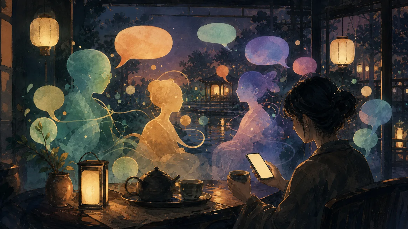 Illustration for Chai: AI conversations as glowing figures in a tea lounge