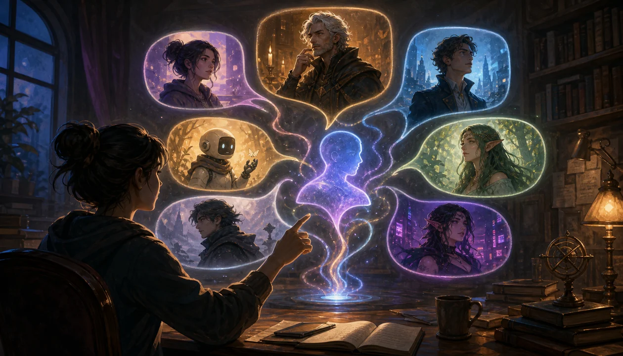 Illustration for Character AI: user chooses between different AI personalities for creative dialogue
