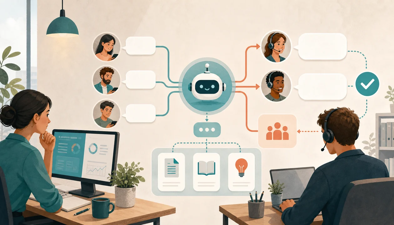 Illustration for Chatbot.com: support team routes abstract chat requests between bot and humans
