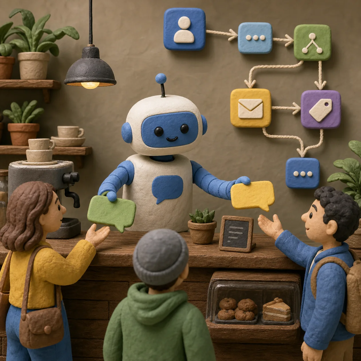 Illustration for Chatfuel: chatbot at a small service counter with conversation cards
