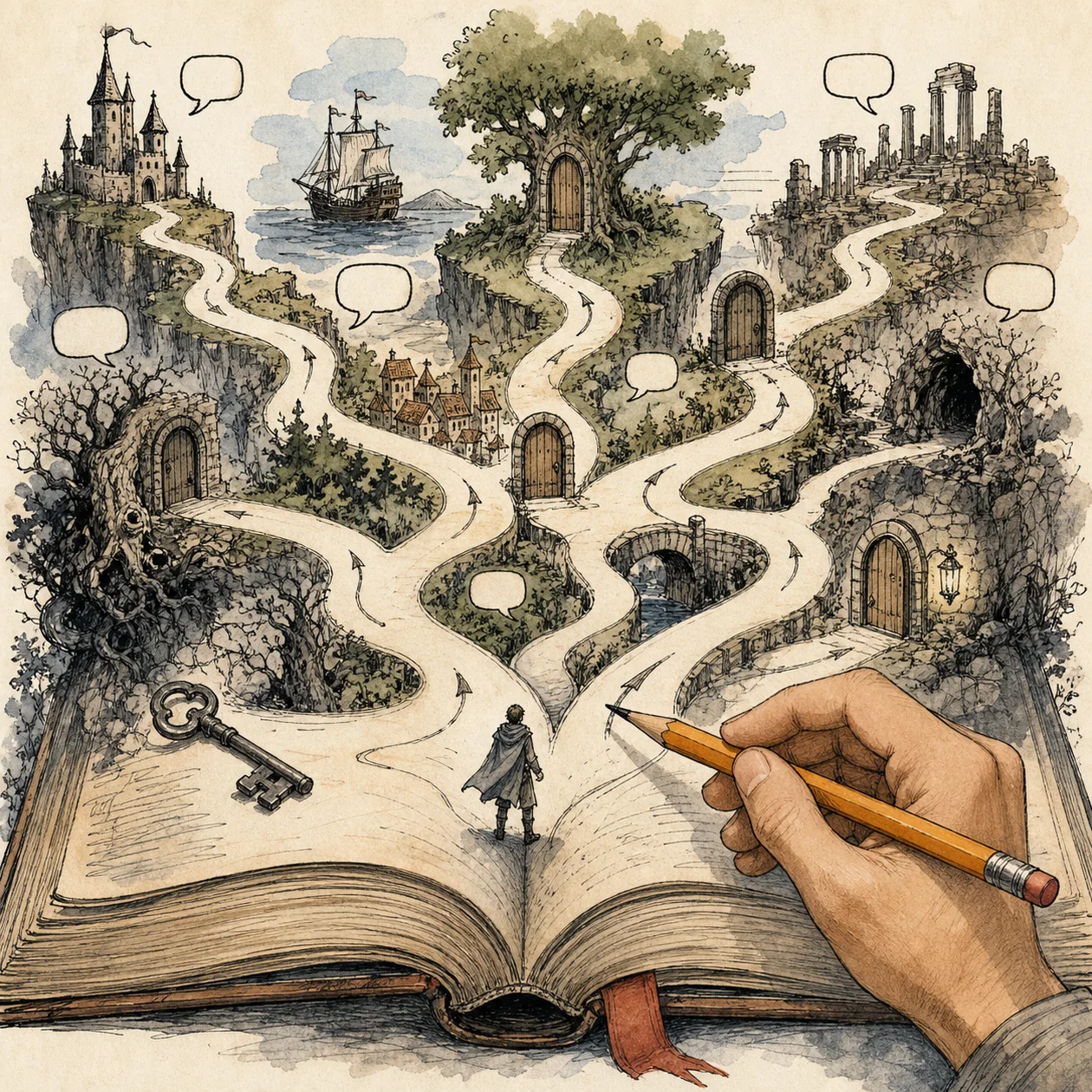 Illustration zu ChoiceScript: offenes Buch mit verzweigten Erzählpfaden