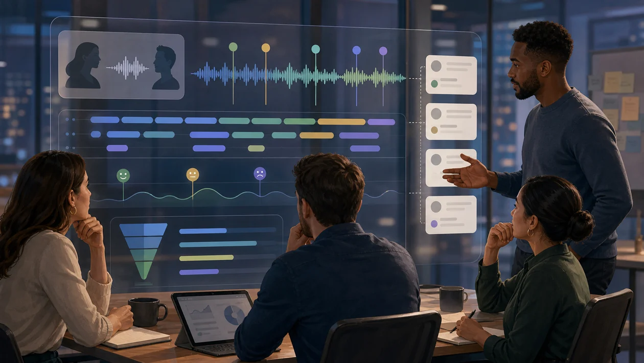 Illustration for Chorus.ai: sales team analyzes conversation waves, coaching moments, and pipeline signals