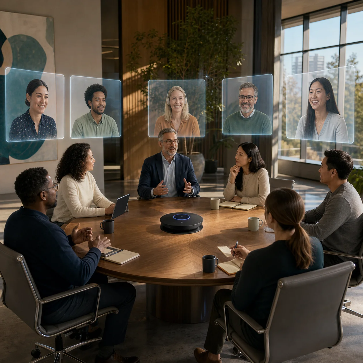 Illustration zu Cisco Webex: hybrider Besprechungstisch mit Lichtkacheln fuer Teilnehmende