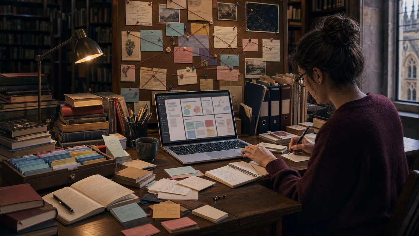 Illustration for Citavi: sources, notes and reference work inside a research library