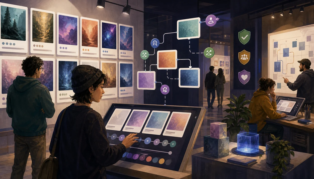 Illustration for Civitai: creators curate generative image styles and model variants in a digital gallery