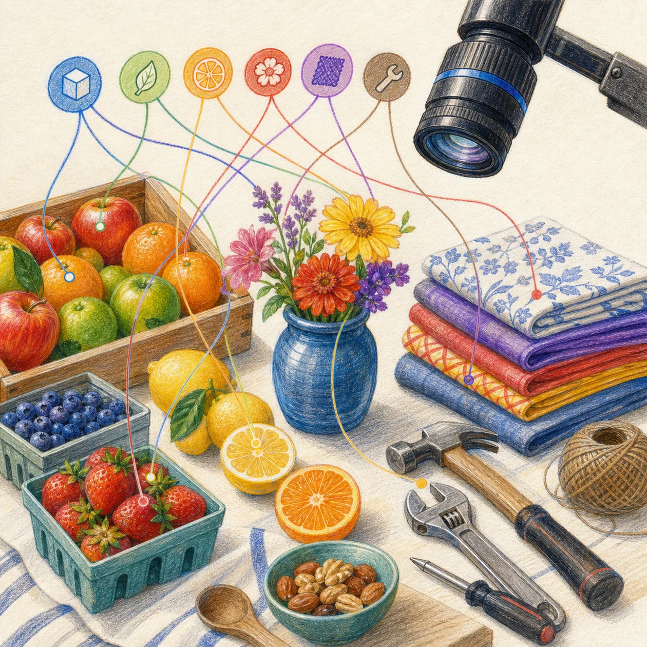 Illustration for Clarifai: camera lens organizing objects on a market table