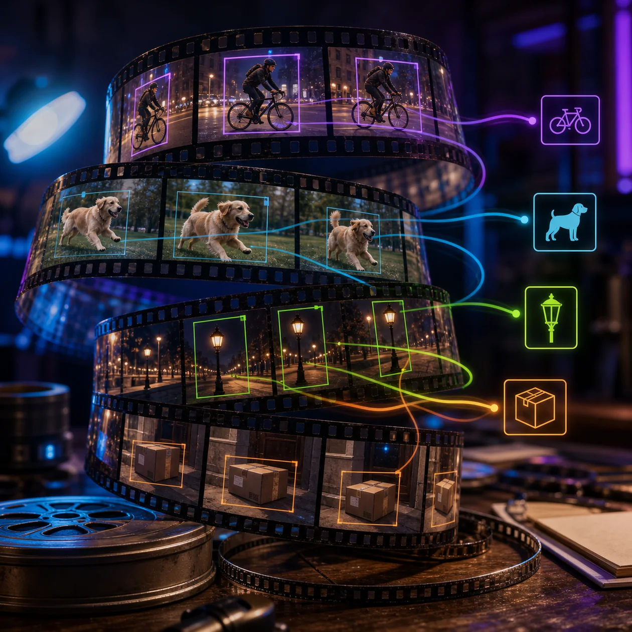 Illustration for Clarifai Video Recognition: film strip with recognized motion and objects