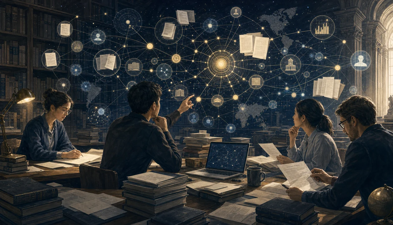 Illustration for Clarivate Analytics: researchers explore publications and citation networks in a library