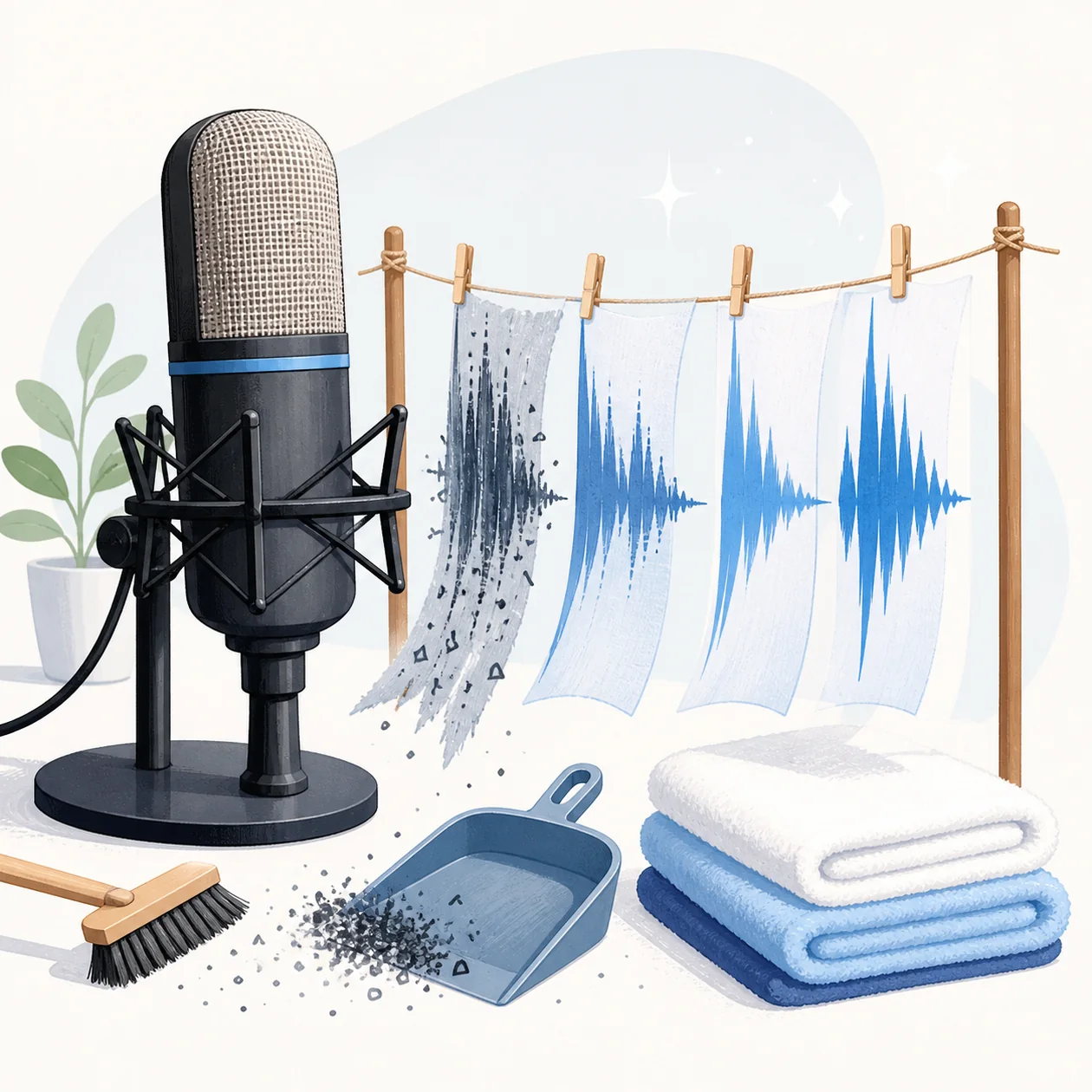 Illustration for Cleanvoice AI: microphone and cleaned audio waves as hanging ribbons