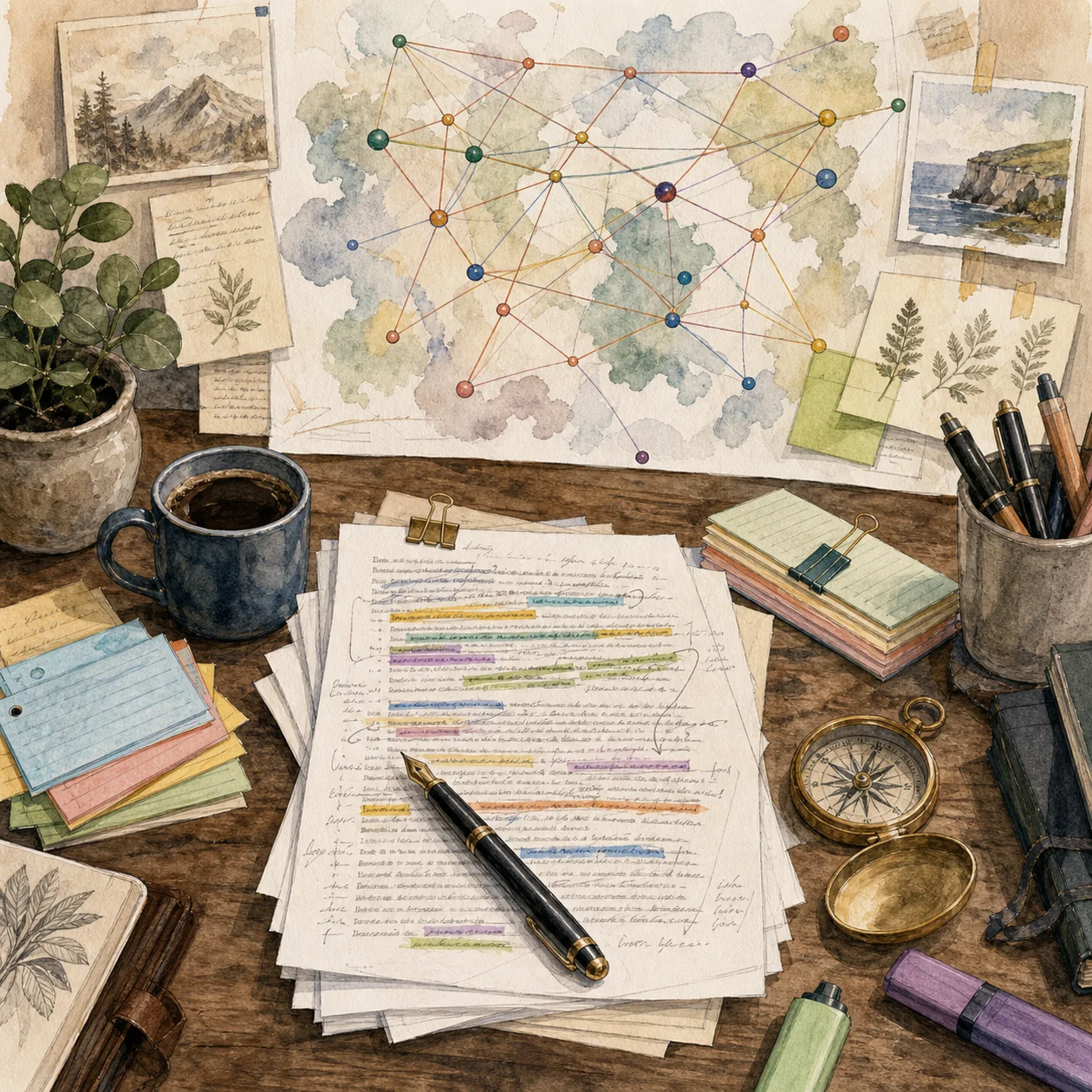 Illustration for Clearscope: editorial desk with content map, highlights, and topic links