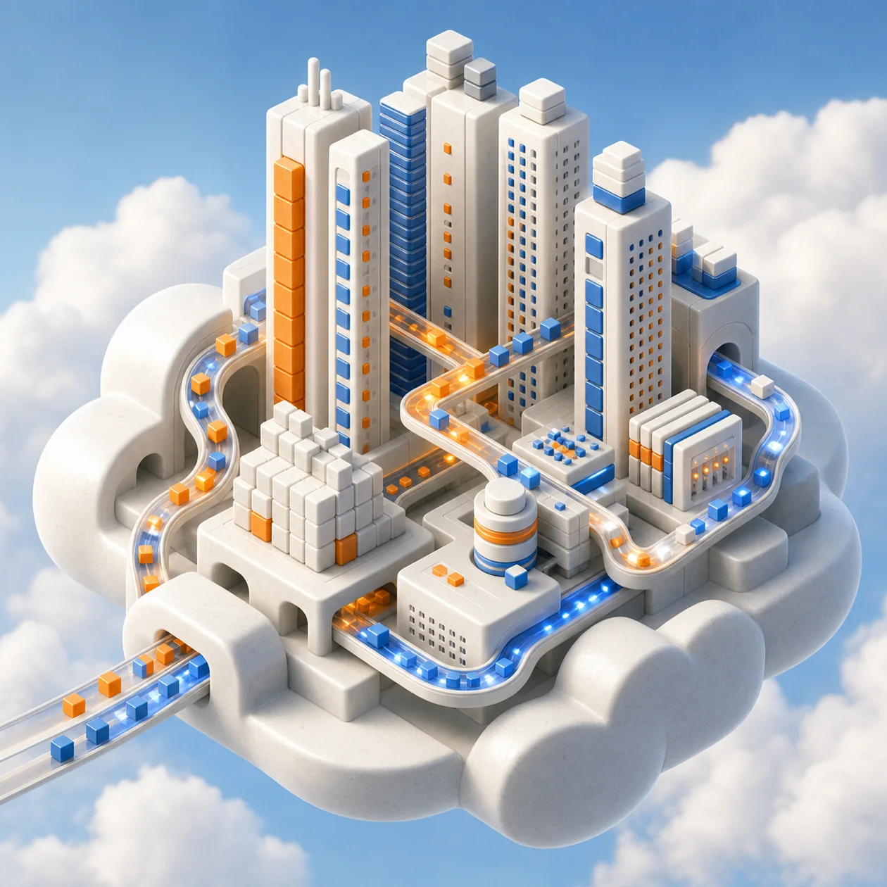Illustration zu ClickHouse Cloud: schwebendes Cloud-Lager aus schnellen Datensäulen