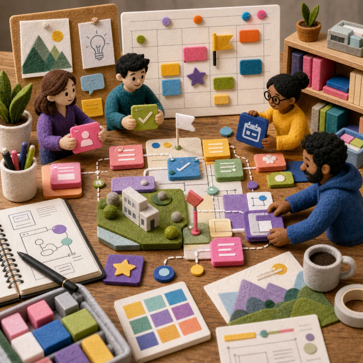 Illustration for ClickUp: project workbench with tasks, calendar pieces, and models