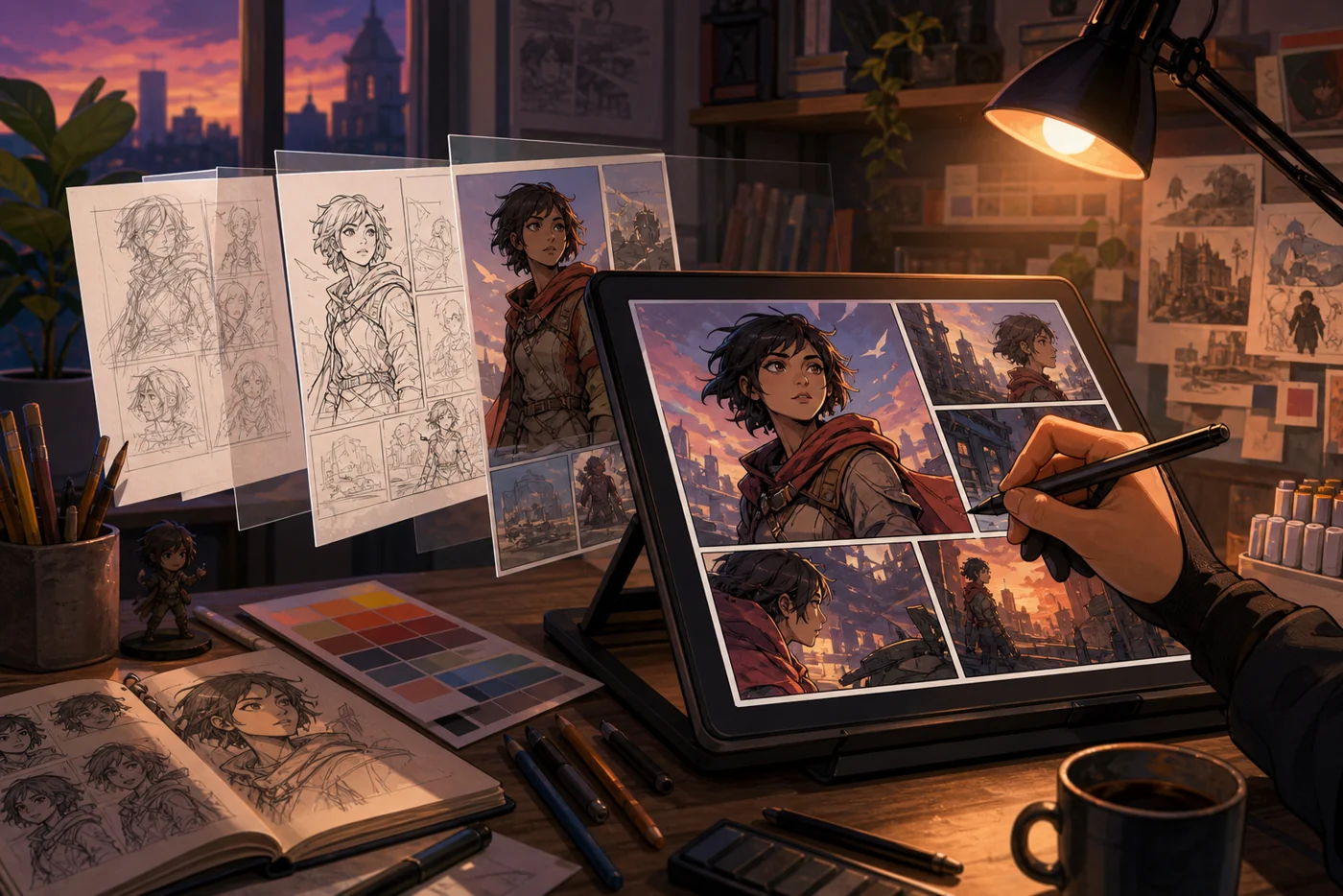 Illustration for Clip Studio Paint: comic artwork evolving from sketches into colored panels on a drawing tablet