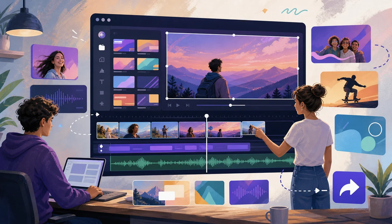 Illustration for Clipchamp: video team edits clips, audio tracks, and export paths in a browser workflow