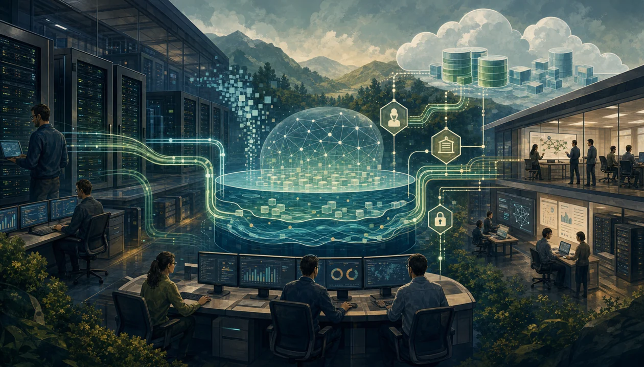 Illustration zur Cloudera Data Platform: Hybride Datenlandschaft verbindet Governance, Cloud und Analysearbeit