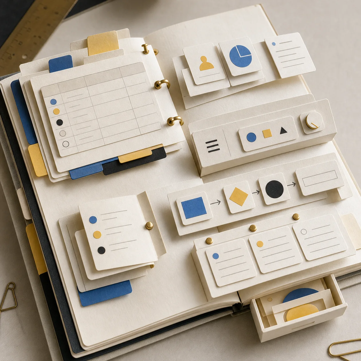 Illustration for Coda: notebook unfolding into a paper app and workflow