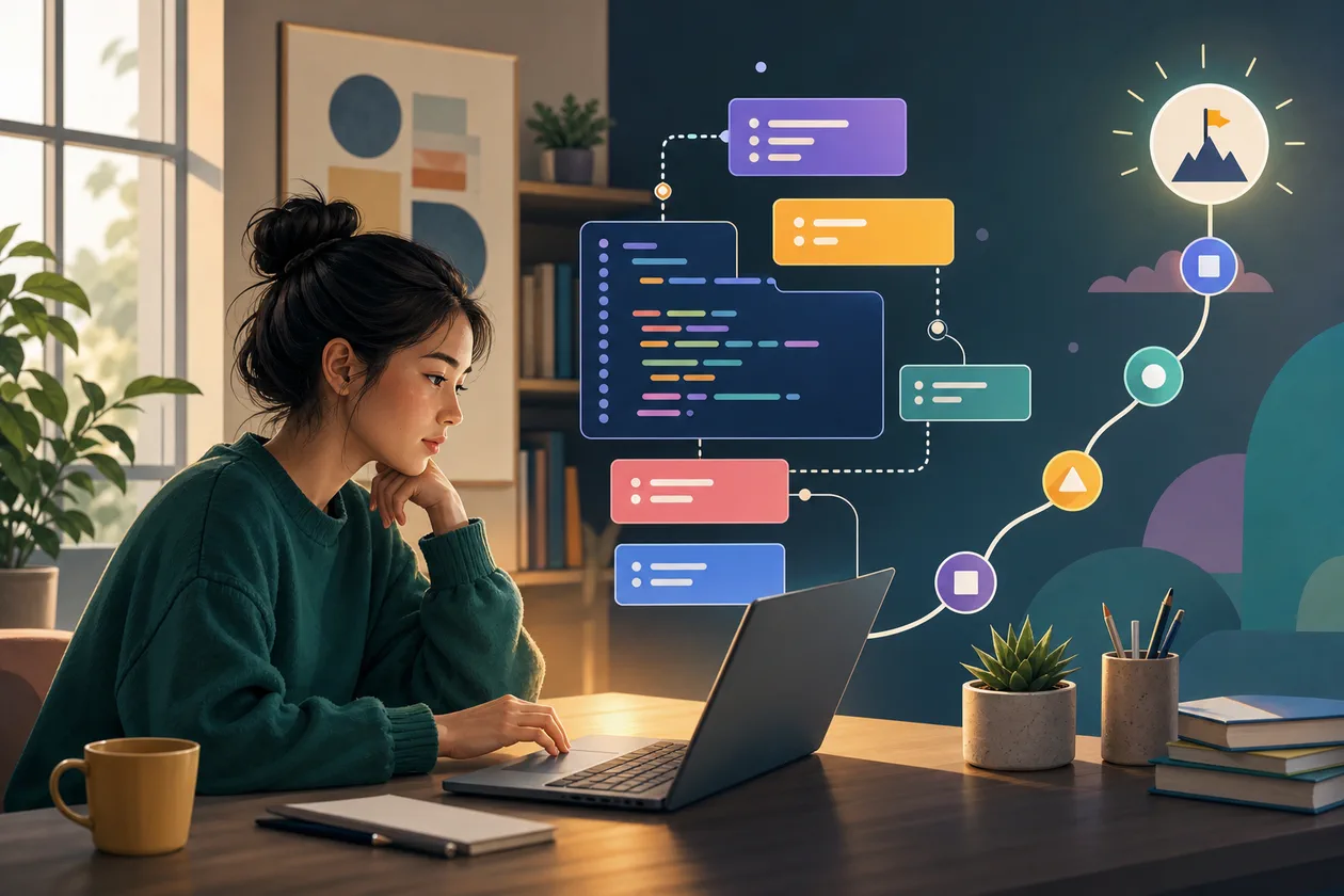 Illustration zu Codecademy: Lernende baut aus Code-Bloecken einen Webapp-Lernpfad