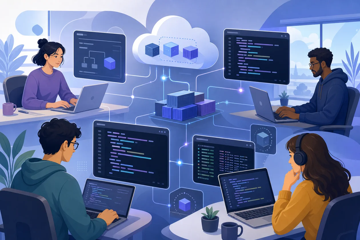 Illustration for Coder: development team connects cloud workspaces with containers and code environments