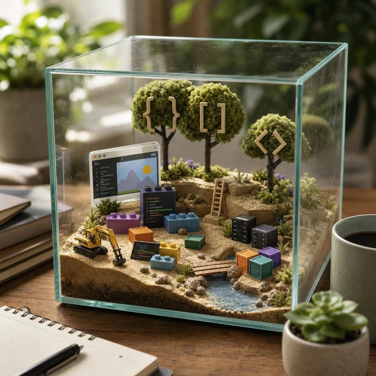 Illustration for CodeSandbox: development sandbox as a glass terrarium with modules