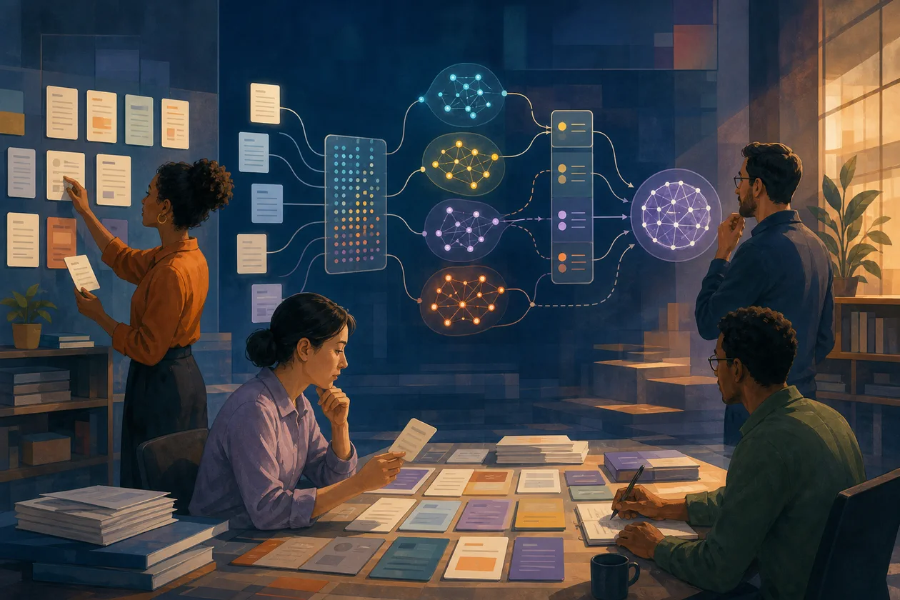 Illustration for Cohere: AI team organizes documents, embeddings, and retrieval paths