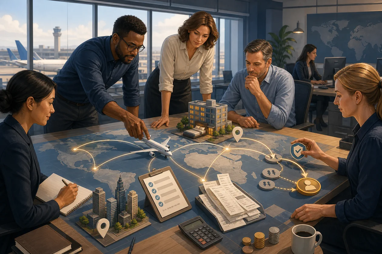 Illustration for Concur Travel: travel team plans routes, receipts, and approvals on a shared table