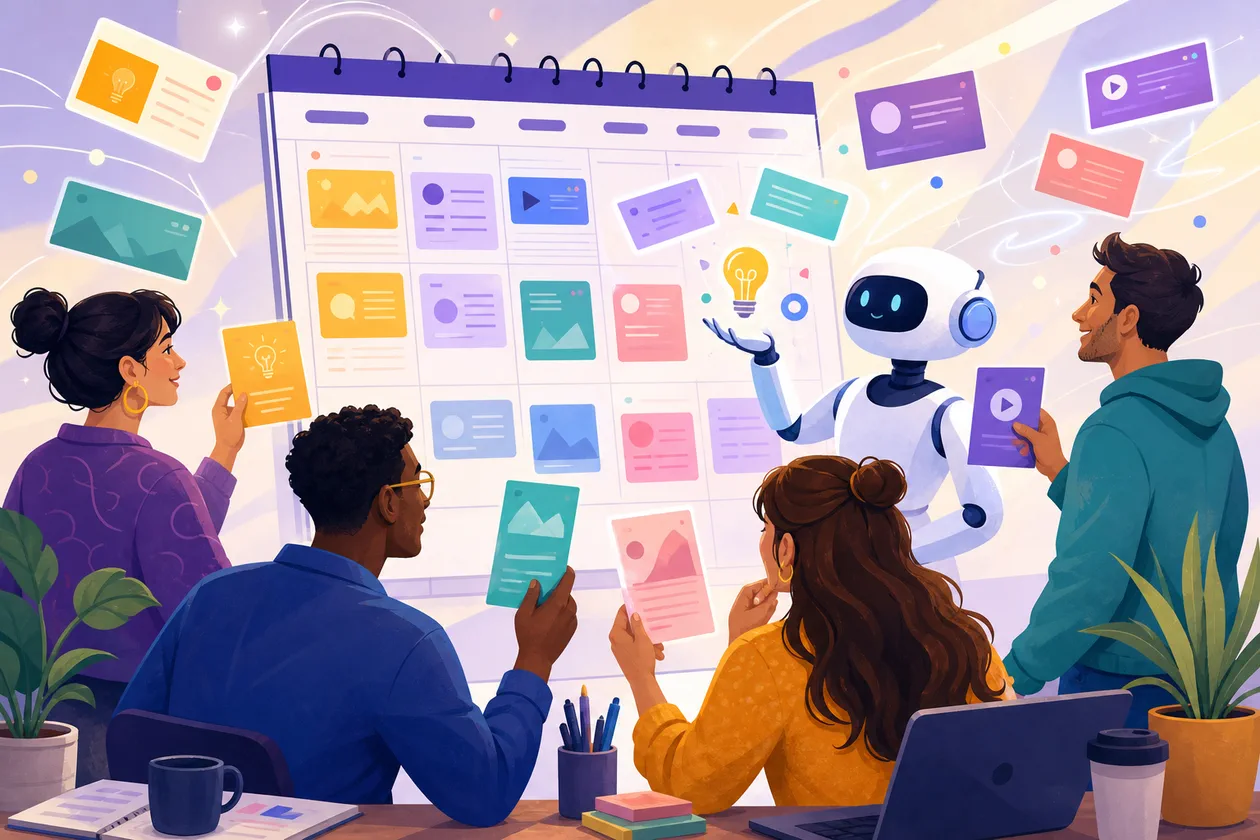 Illustration for ContentBot: marketing team shapes ideas, drafts, and campaign cards