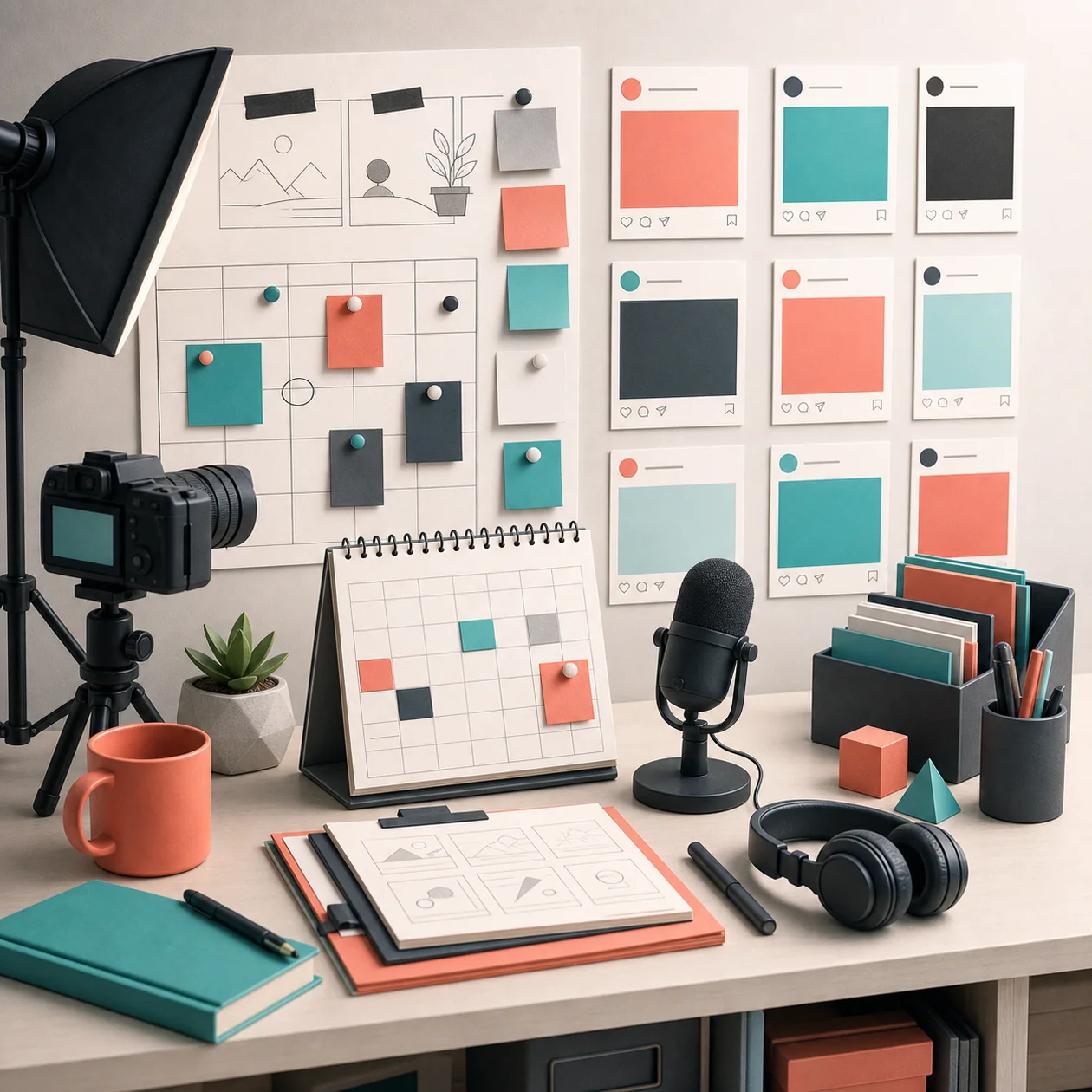Illustration for ContentStudio: content studio with camera, microphone, and planning cards