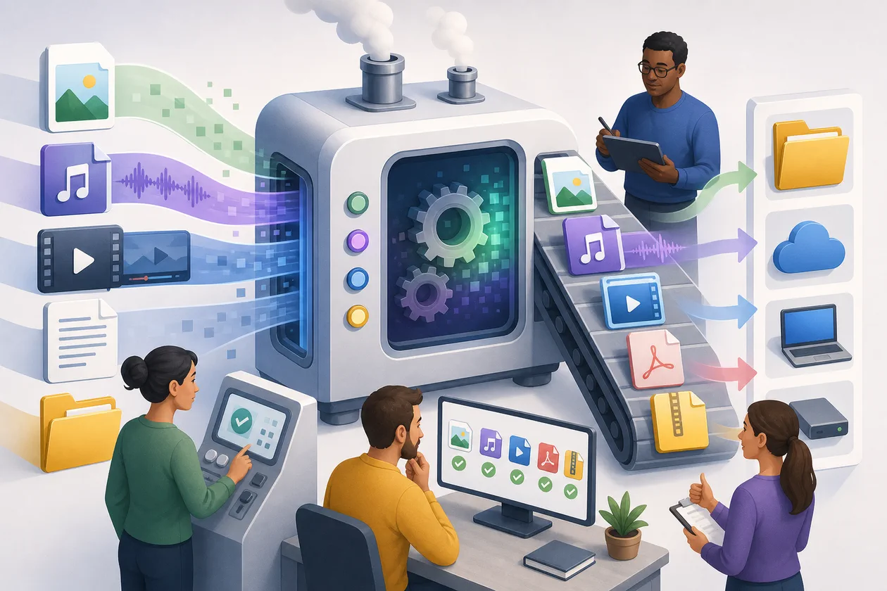 Illustration for Convertio: files move through an abstract conversion pipeline