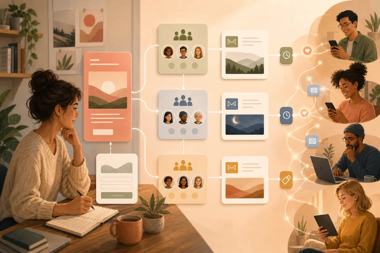 Illustration zu ConvertKit: Creator plant Newsletter, Zielgruppen und E-Mail-Journeys