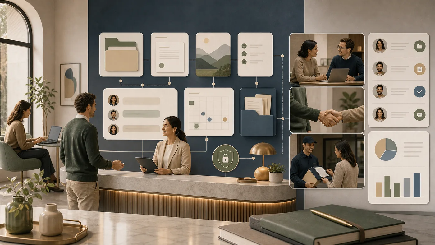 Illustration for Assembly: client portal with files, forms and service handoffs on a calm workspace