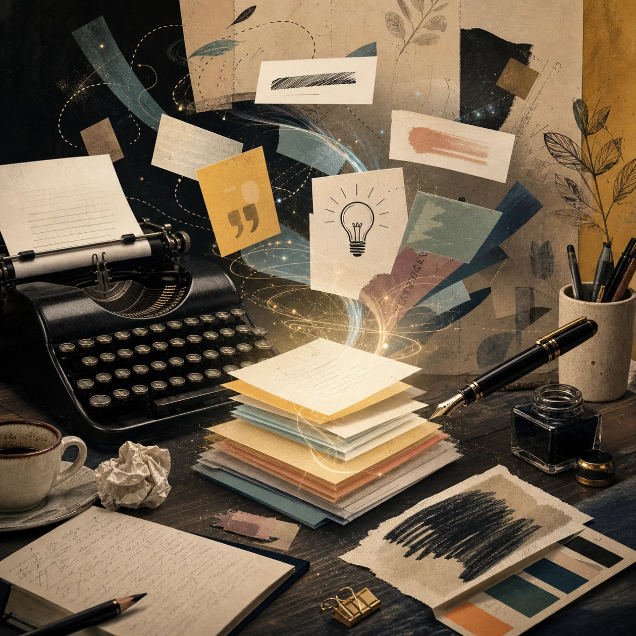 Illustration for Copy.ai: writing desk with typewriter, idea stacks, and tone cards