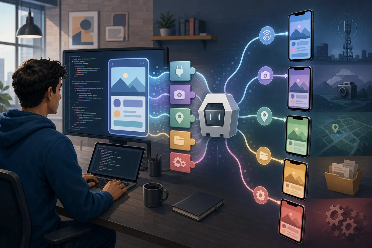 Illustration for Cordova: developer connects web code with native mobile devices