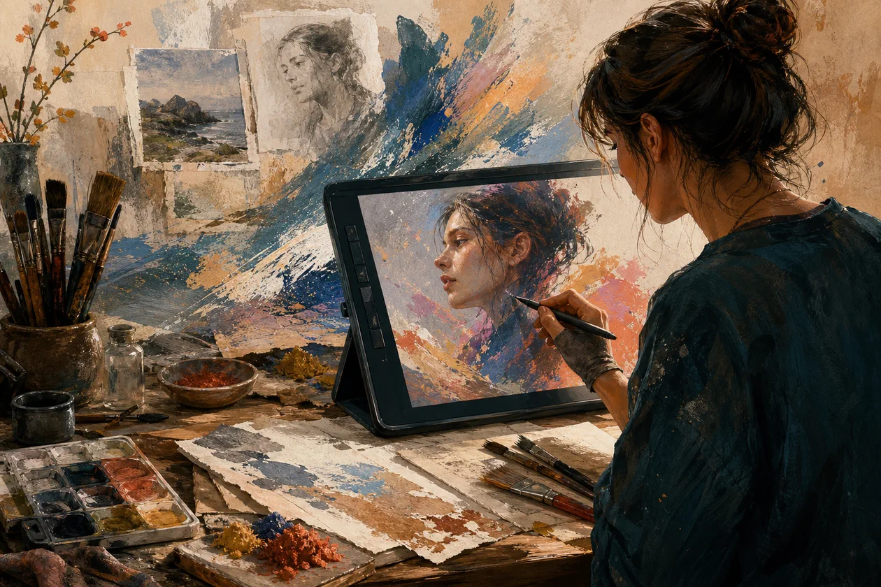 Illustration zu Corel Painter: Digitalkuenstlerin mischt Pinseltexturen und Ebenen auf einem Tablet