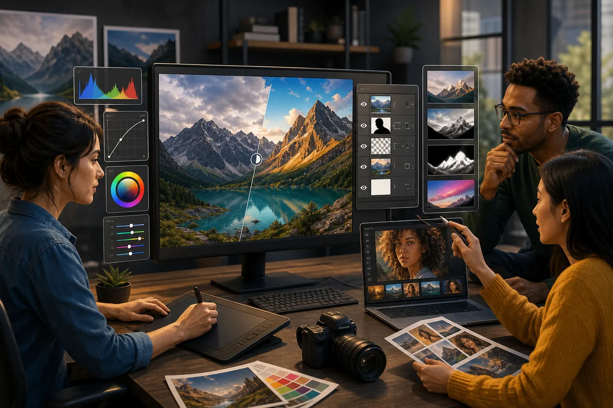 Illustration for Corel PaintShop Pro: photo team edits colors, layers, and selection masks