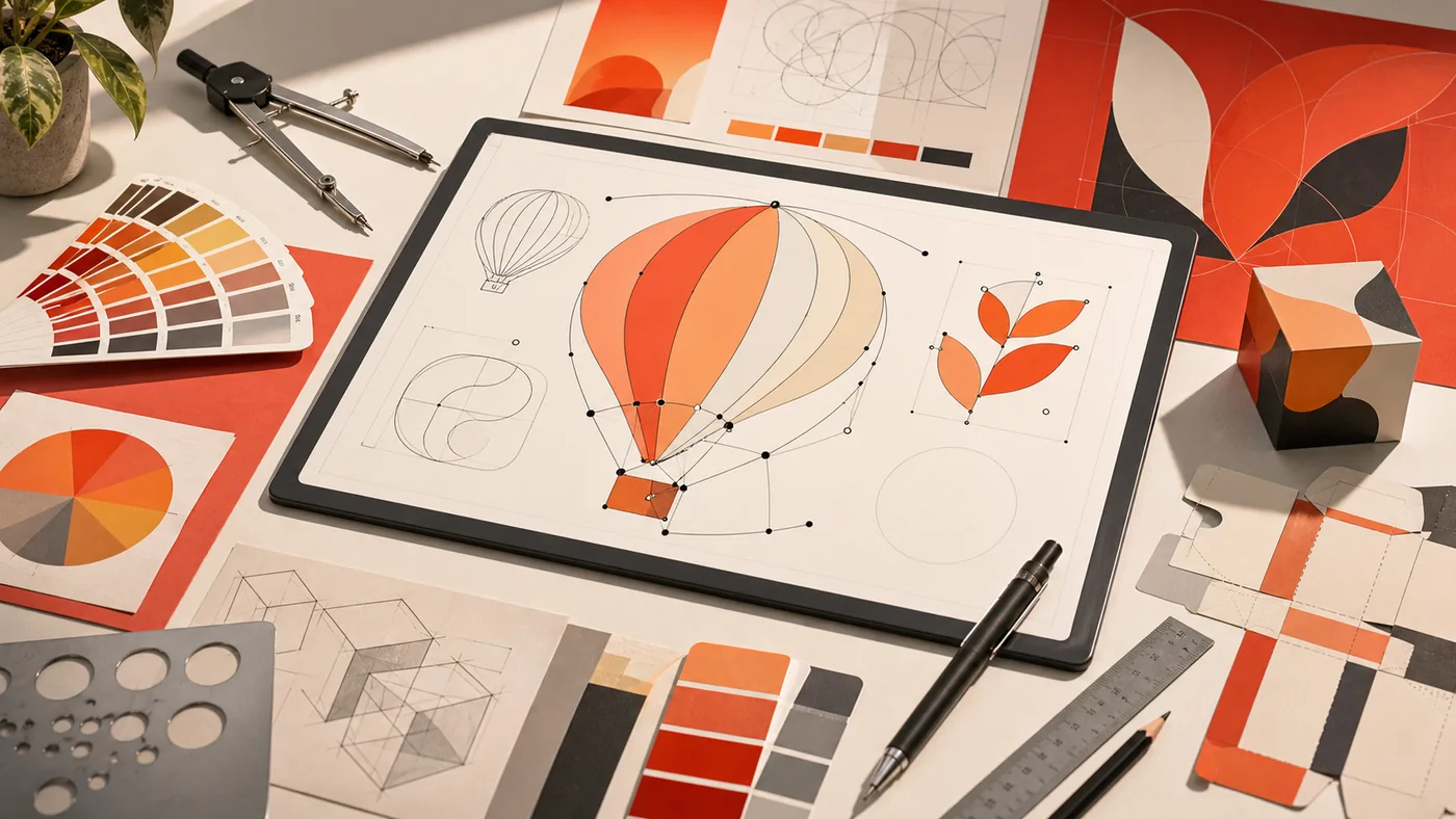 Illustration for CorelDRAW: vector curves, rulers and packaging sketches on a drafting table