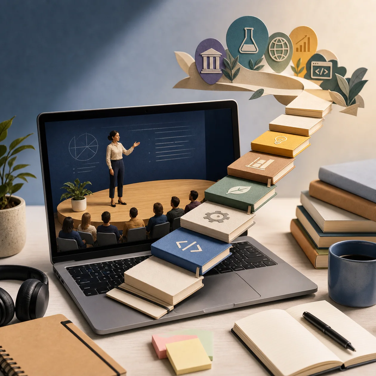 Illustration zu Coursera: Lernpfad aus Kursmaterialien, Vorlesungsbuehne und Notizen