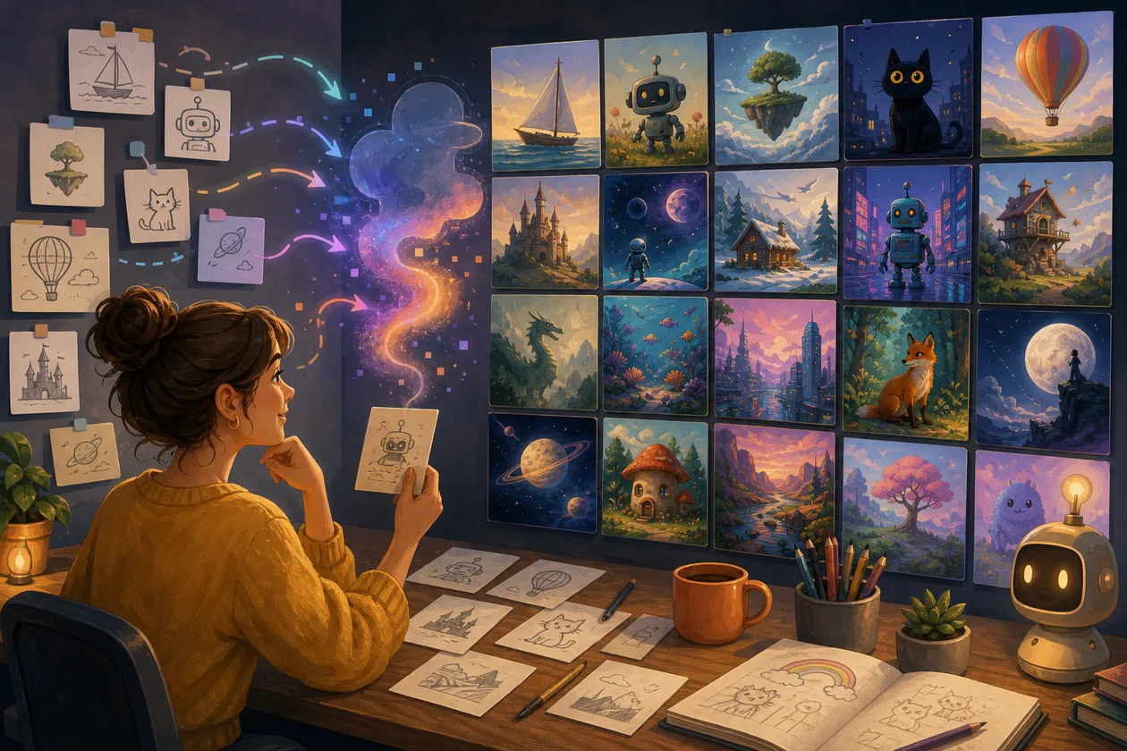 Illustration for Craiyon: creative user chooses between playful AI image variants