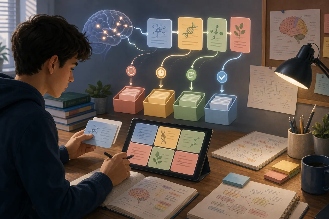 Illustration zu Cram: Lernende organisiert digitale Karteikarten und Wiederholungspfade