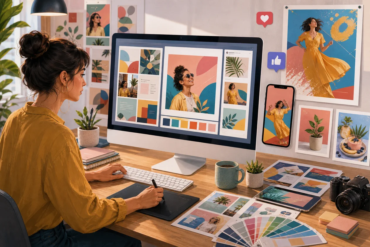 Illustration for Crello (jetzt VistaCreate): designer arranges templates, color boards, and social media visuals
