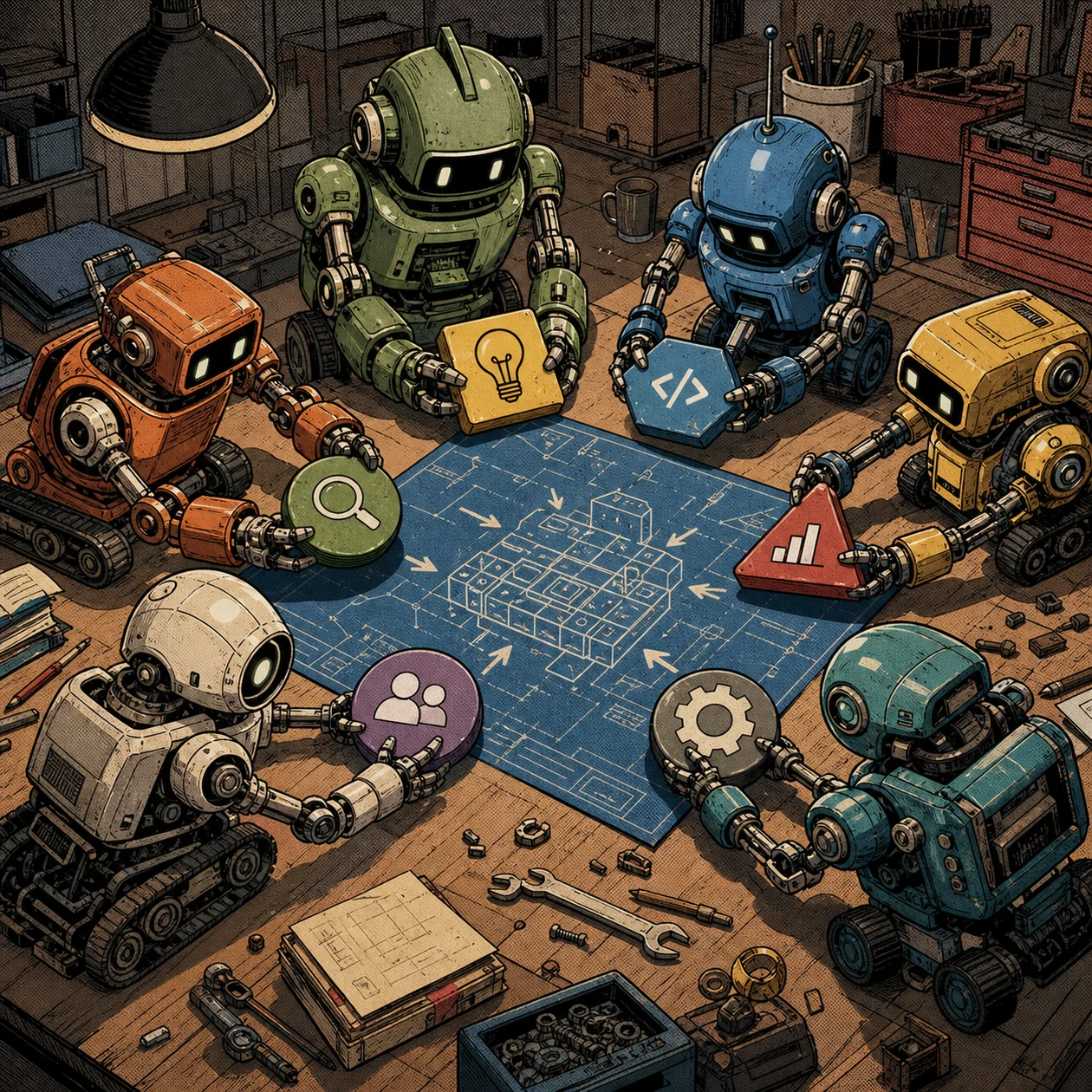 Illustration for CrewAI: coordinated assistants working on a shared blueprint